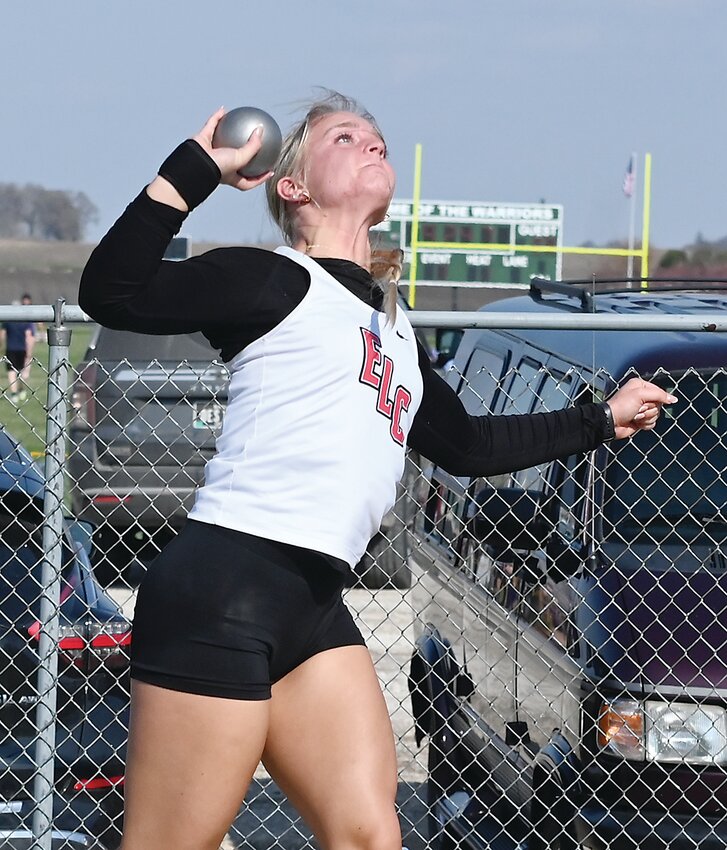 Hillary Ruschy throws the shot put at the relays in Armstrong on Monday. The ELC senior will compete at the Drake Relays this week