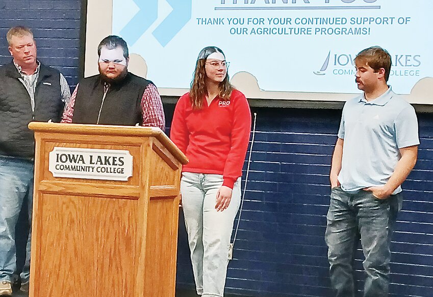Assistant Professor Tom Quastad introduced students Jackson Barker, Josi Reiman and Clayton Rubel who told of their experiences in the Iowa Lakes Community College ag program.