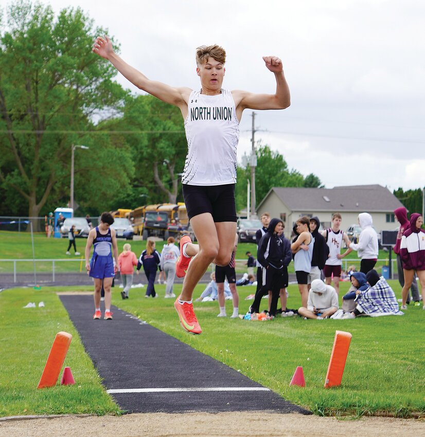 North Union&rsquo;s Greyson Colegrove takes his turn in the long jump.