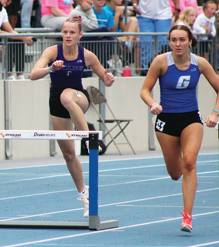 GT/RA&rsquo;s Kamryn Hough runs in her heat of the 400-meter hurdles last Friday at the Class 1A State Meet at Drake Stadium in Des Moines.
