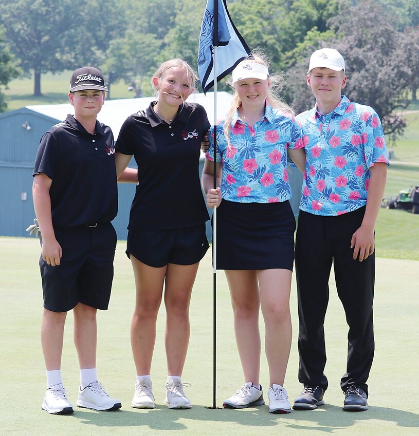 From left, Estherville Lincoln Central’s Jayke Stokes, Lilly Hecht, Hanna Paulson, and Thomas Beaver competed at the state co-ed golf meet in Marshalltown recently.