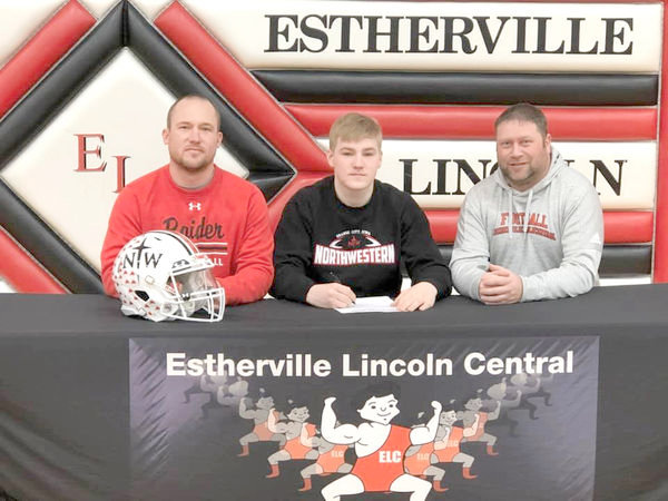 Estherville Lincoln Central senior Keegan Brown (center) signed a letter of intent to play football for Northwestern College on Thursday. With Brown on Northwestern Defensive Coordinator Billy Kirch and ELC Head Football Coach Ryan Rezac.
Photo submitted