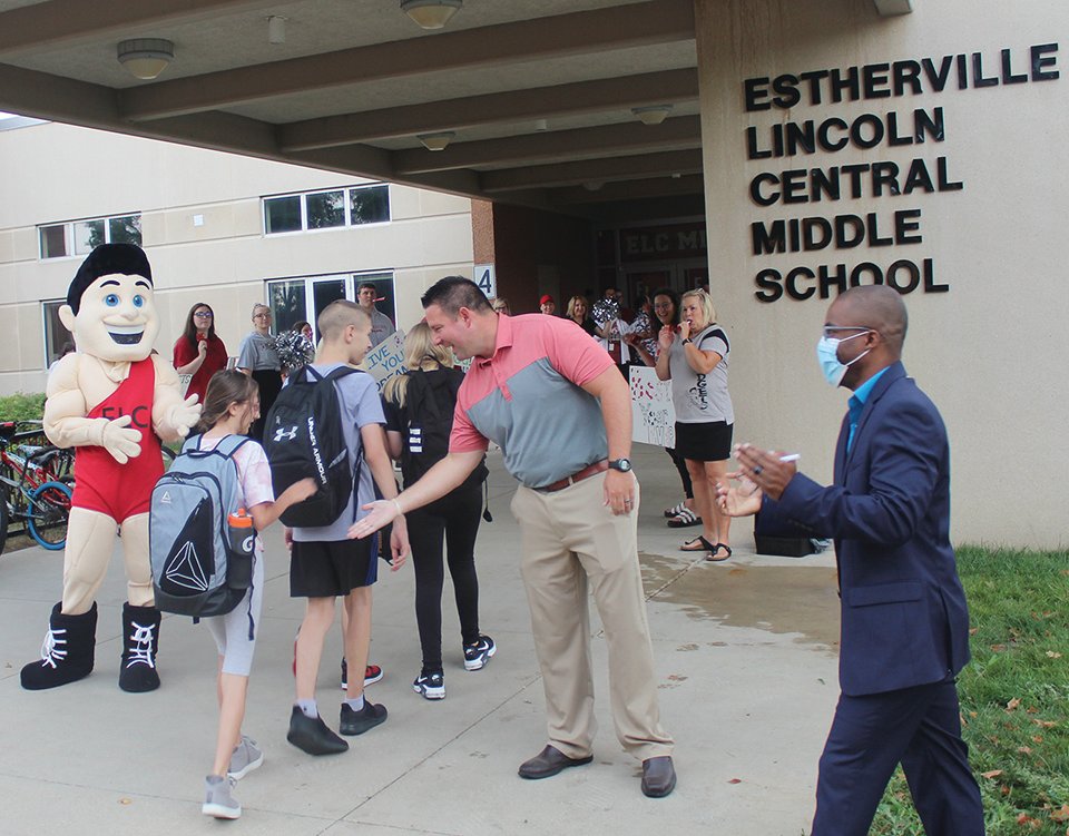 Estherville City Mayor Joseph May, right, welcomed students to school in August. May resigned in October to take advantage of an opportunity in Virginia. Estherville will elect a new mayor in 2022 in a special election.