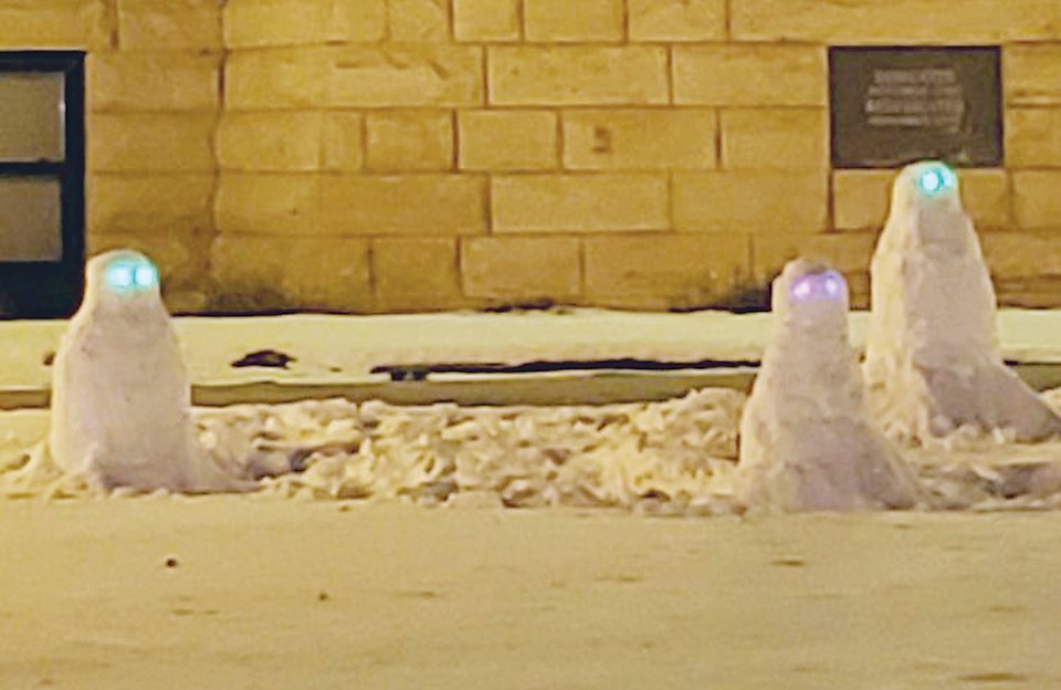 An extended family of snow gnomes with eyes that light up at night have descended on Library Square – will their long lost kin show up and break the ice?