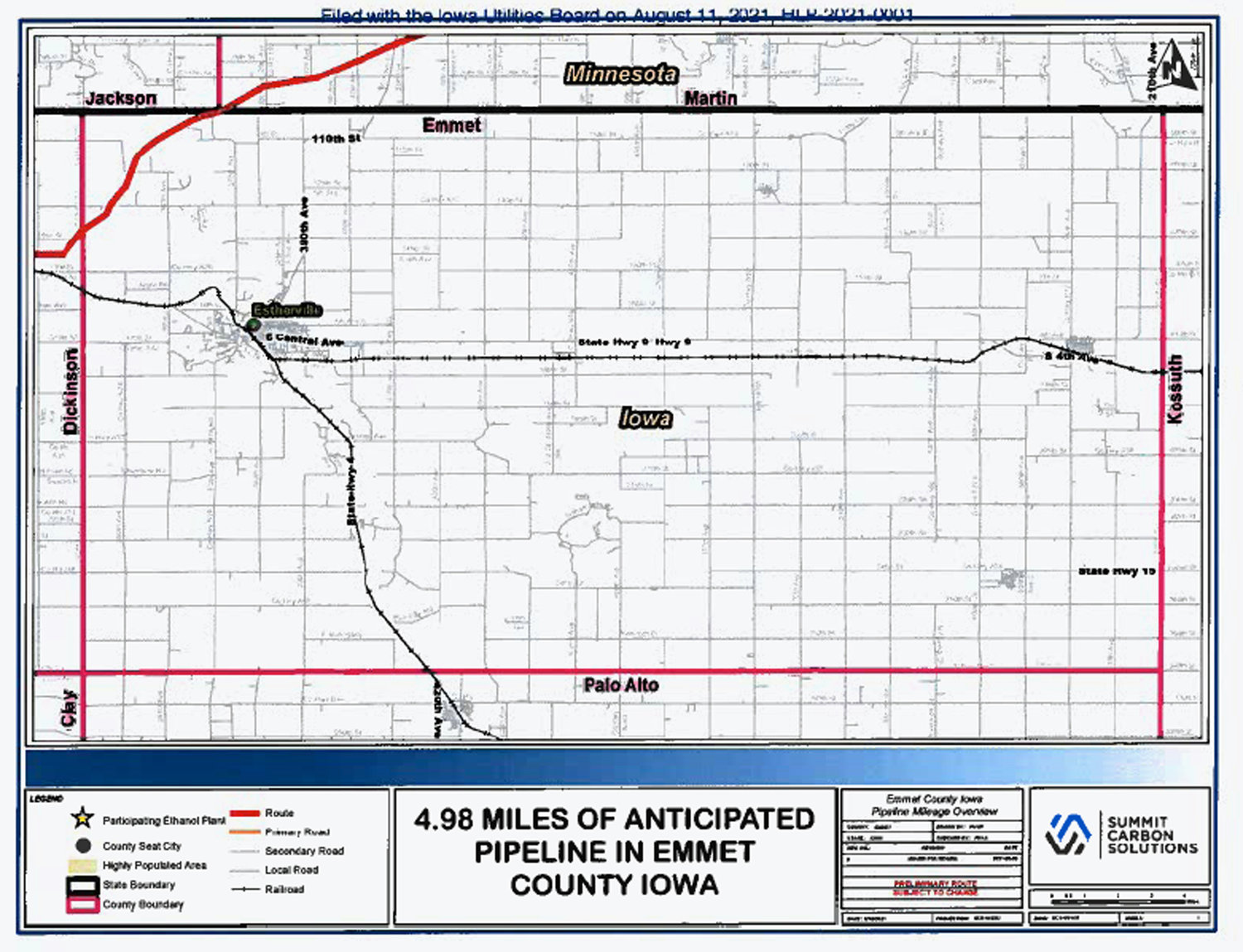 This map of Emmet County created by Summit Carbon Solutions shows the proposed five miles of pipeline that would cross the northwest corner of Emmet County at the Martin/Jackson county line.