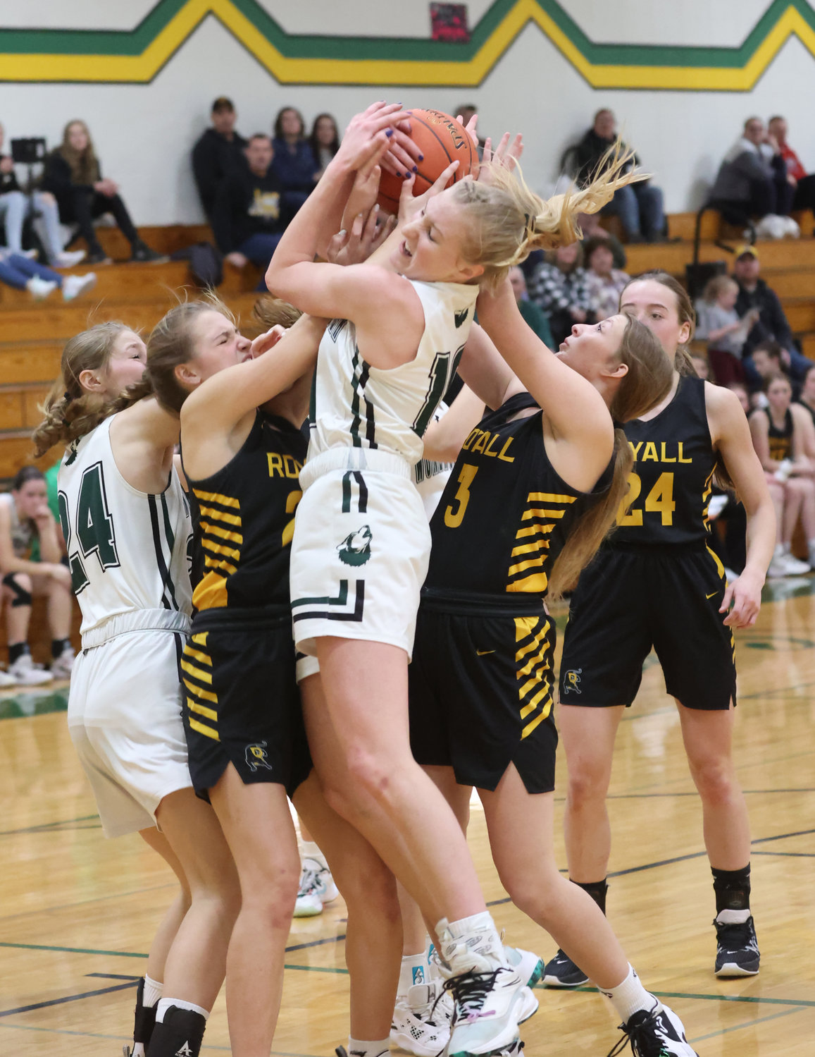 Wonewoc-Center’s Kelsey Justman leaps up for a rebound of the Panther net between Royall’s Bria Gruen and Gracie Stanek.