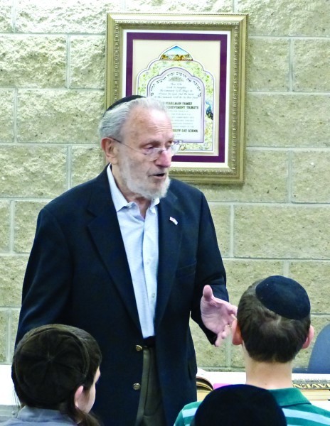 Irving Schild addresses the middle school students at the Providence Hebrew Day School on May 5 &ndash; Yom ha-Shoah.