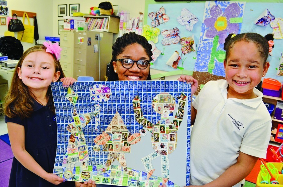 The collage was completed May 24.&nbsp;Pictured are (left to right): BryAnn Nickerson (Foxboro, Massachusetts), Chidera Igbobi,&nbsp; (Attleboro, Massachusetts, FRCS graduating class of 2016) and Agustina Aranes (Stoughton, Massachusetts).