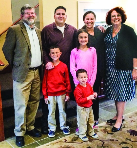 Back row, left to right, Rabbi Jeffrey Goldwasser, Jayson and Kimberly Kane, Cantor Wendy Siegel. Front, Zackary, Jacoby and  EmmaLyn Kane.