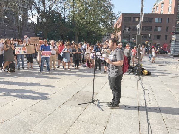 Elias Rosenfeld, a sophomore at Brandeis University, speaking at a rally at Boston&rsquo;s Faneuil Hall hours after President Trump announced he was rescinding DACA protections for some 800,000 young people, Sept. 5.