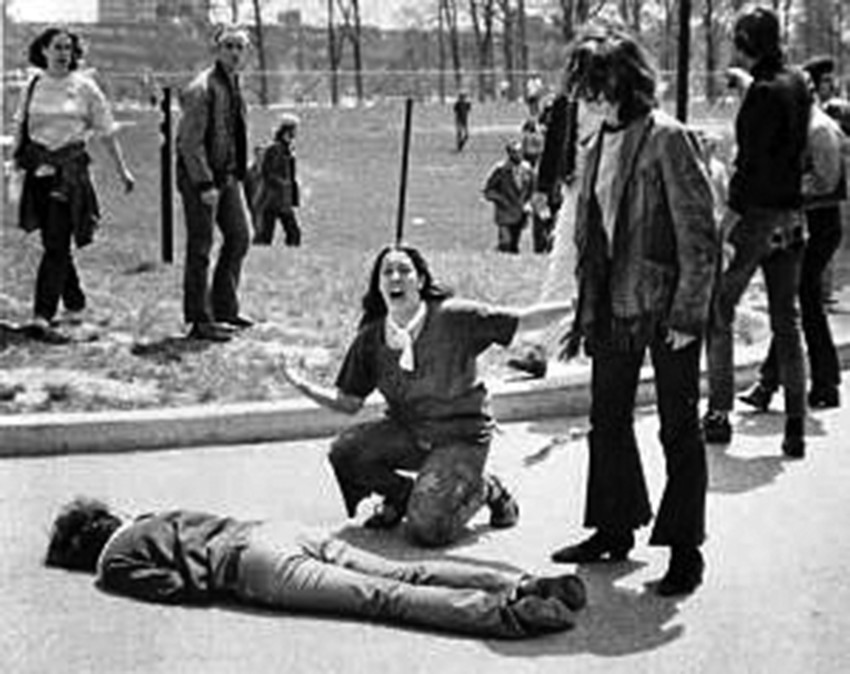 John Filo&rsquo;s Pulitzer Prize-winning photograph of Mary Ann Vecchio, a 14-year-old runaway, kneeling over the body of Jeffrey Miller minutes after he was fatally shot by the Ohio National Guard at Kent State University, May 4, 1970.