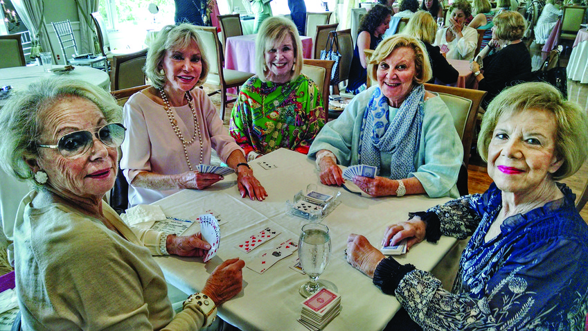 At the card table (left to right): Susan Kaplan, Sandra Bornstein, Bonnie Dwares, Patty Alperin and Phyllis Dressler.