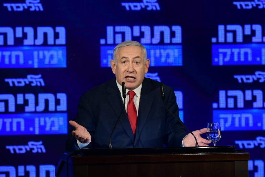 Israeli prime minister Benjamin Netanyahu speaks at a conference of the 'Likud' party, presenting the list of candidates, in Ramat Gan on March 4, 2019.