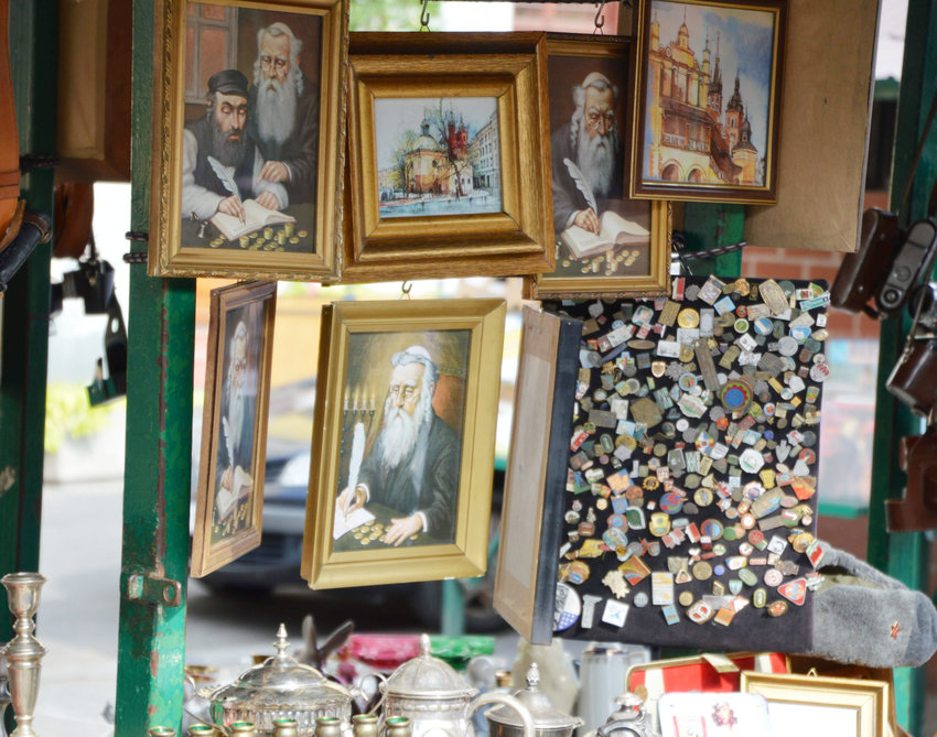Lucky Jew pictures and other souvenirs for sale at Plac Nowy in the former Jewish district of Krakow.