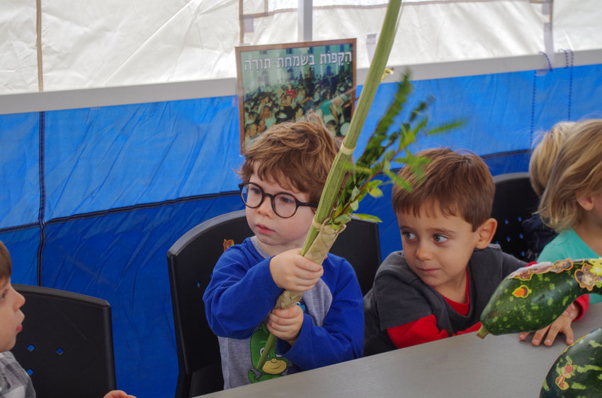 Children from the David C. Isenberg Early Childhood Center at the Dwares Jewish Community Center in Providence had an opportunity to shake the lulav during their visit to the sukkah.