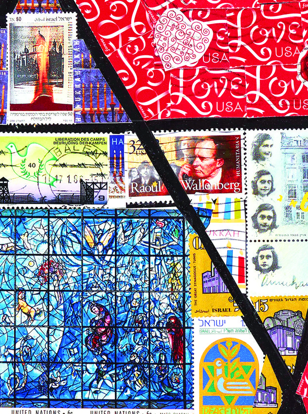 Sheer said the design above, right,  was inspired by the heroic actions taken by Dietrich Bonhoeffer, Nicholas Winton, Oskar Schindler, Suzanne Spaak, Hans and Sophie Scholl, Raoul Wallenberg and Martha and Waitstill Sharp. German stamps featuring the image of Adolf Hitler are included in the background of &ldquo;Love&rdquo; stamps to represent Hitler&rsquo;s evil intentions ultimately being overcome by the humane forces of love, compassion, and tolerance.