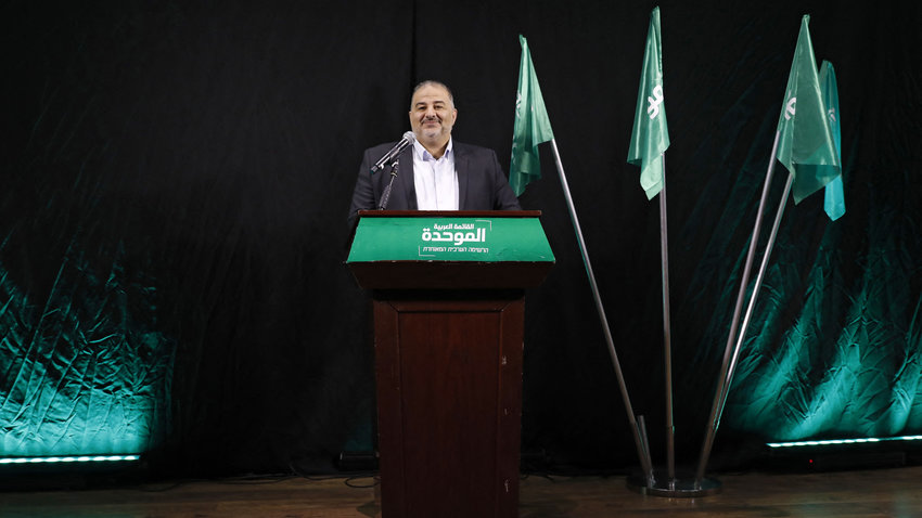 Mansour Abbas, head of Israel's Islamic Raam party, speaks during a press conference in the northern city of Nazareth, April 1, 2021.