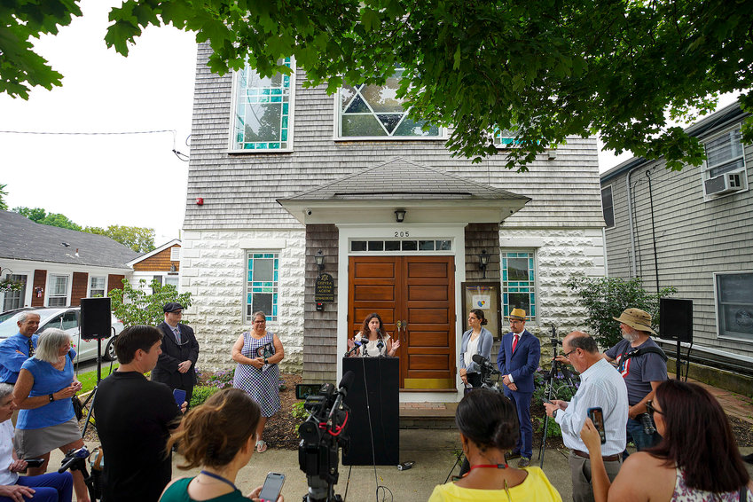Jewish community representatives and educators call for action on the first day of school which coincides with the first day of Rosh Hashanah at a news conference July 8 outside of United Brothers Synagogue in Bristol.  Jennifer Azevedo, deputy executive director, National Education Association Rhode Island, speaks.