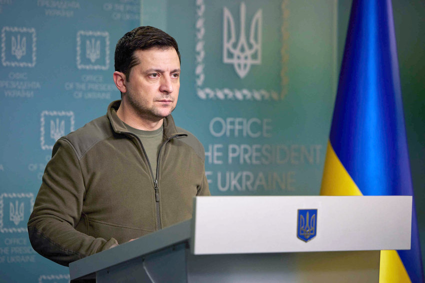 KYIV, UKRAINE - FEBRUARY 25: (----EDITORIAL USE ONLY &acirc; MANDATORY CREDIT - &quot;PRESIDENCY OF UKRAINE/ HANDOUT&quot; - NO MARKETING NO ADVERTISING CAMPAIGNS - DISTRIBUTED AS A SERVICE TO CLIENTS----)  Ukraine&acirc;s President Volodymyr Zelenskyy holds a press conference on Russia's military operation in Ukraine, on February 25, 2022 in Kyiv. (Photo by Presidency of Ukraine/Handout/Anadolu Agency via Getty Images)