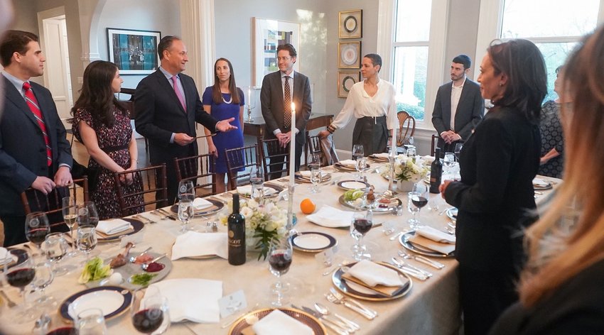 A photo posted to Twitter by Second Gentleman Doug Emhoff showed wine from the Psagot winery on the table at the White House seder, April 16, 2022.
