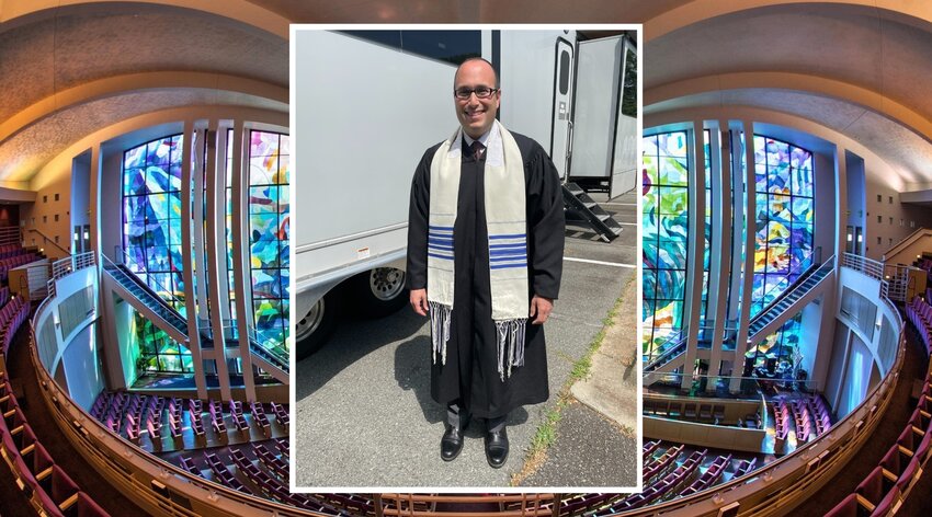 Rabbi Michael Wolk stands in his rabbi-character costume outside the production trailers for &ldquo;Are You There God? It's Me, Margaret,&rdquo; which filmed in his synagogue, Temple Israel of Charlotte, North Carolina.