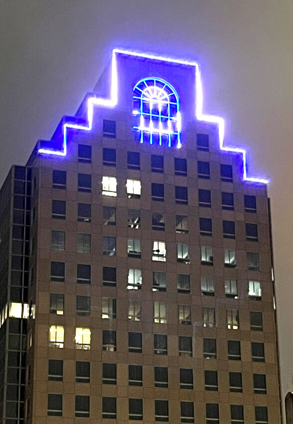 The top of the building at 100 Westminster Street in downtown Providence, lighted in honor of Yom Ha&rsquo;Atzmaut.