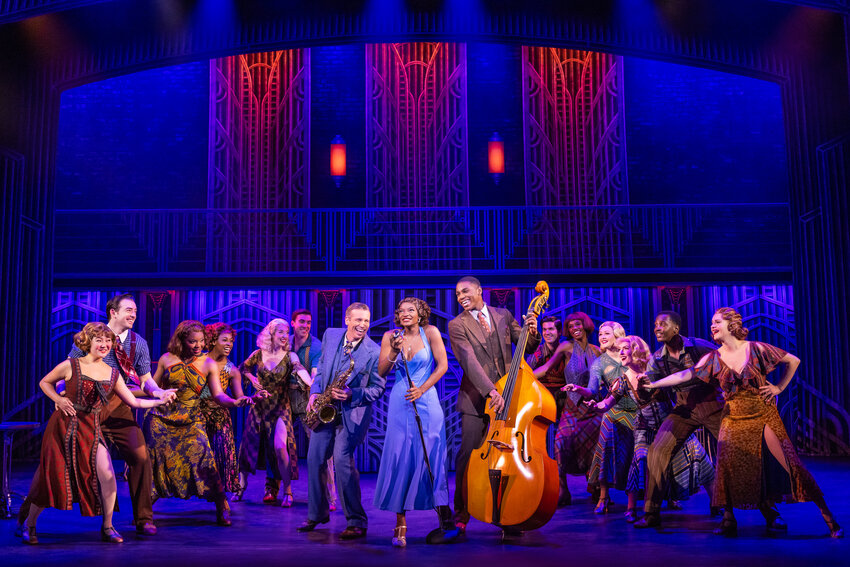 At center (from left), Matt Loehr as Joe, Leandra Ellis-Gaston as Sugar and Tavis Kordell as Jerry in the national tour of &lsquo;Some Like It Hot.&rsquo; The production at the Providence Performing Arts Center runs through April 27.