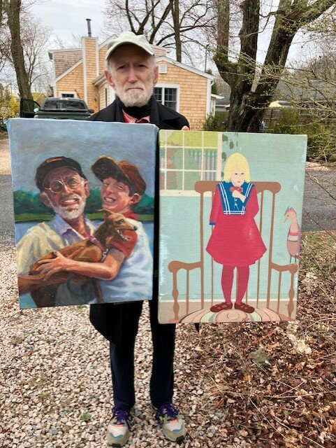 Mike Fink with Patricia&rsquo;s paintings.