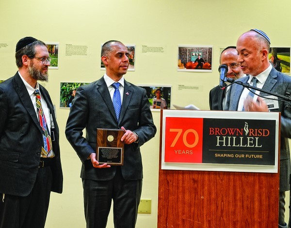 Rabbi Yudkowsky, left, Marc Diamond and 
Fred Horowitz, right,  with Mayor Elorza