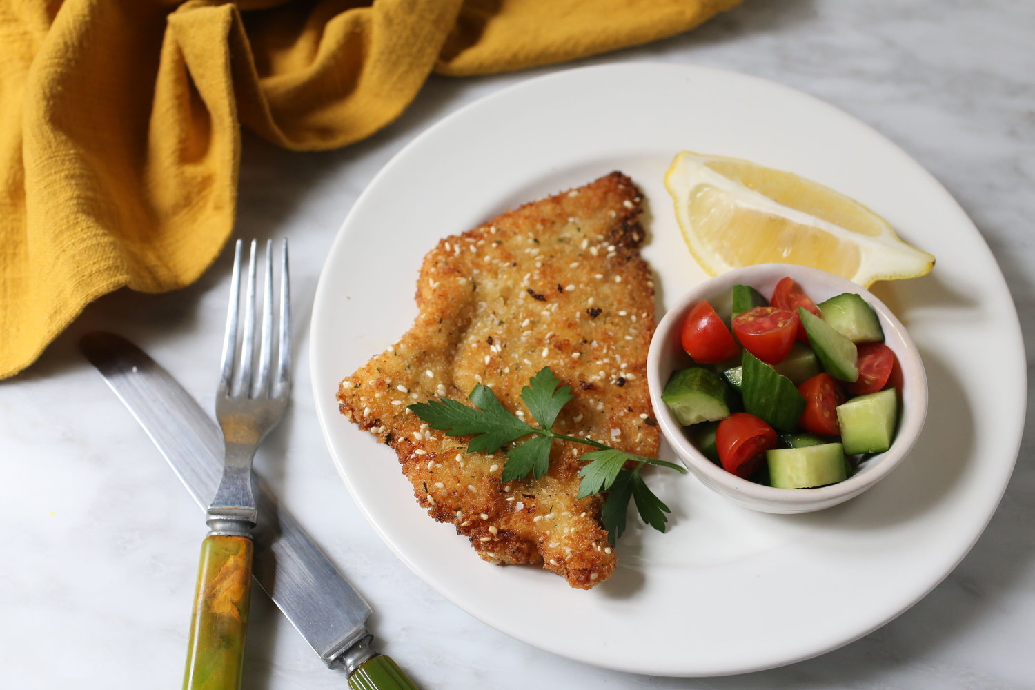 Sarna’s classic chicken schnitzel recipe was taught to her husband by his grandmother, Baba Billie. The recipe uses panko bread crumbs for extra crunch.