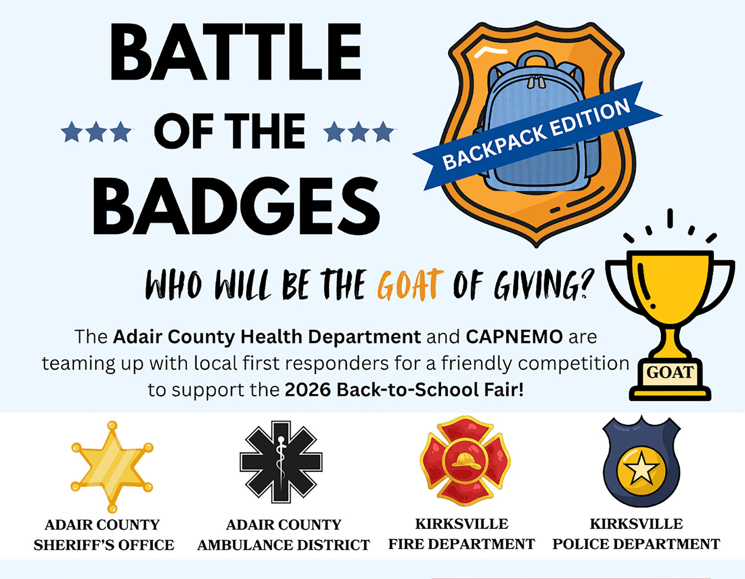 Battle of the Badges: Backpack Edition is community-wide drive to collect new backpacks for the 2026 Back-to-School Fair