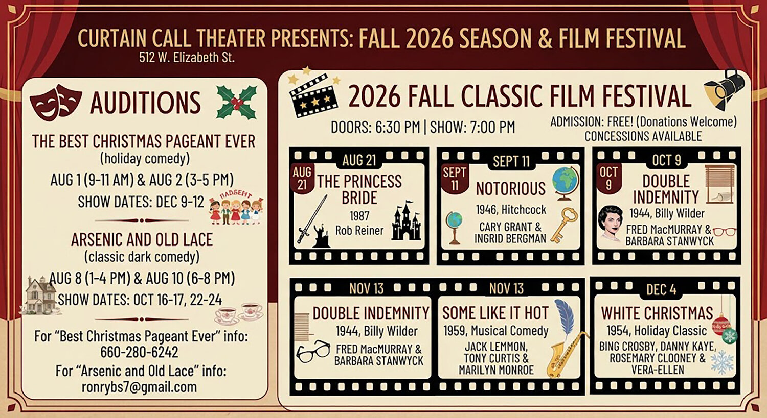 Curtain Call Theater announces upcoming fall production auditions and Classic Film Festival schedule