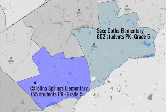 Existing attendance lines for Carolina Springs Elementary and Saxe Gotha Elementary