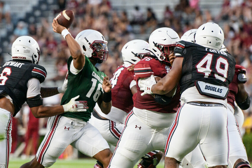 South Carolina quarterback LaNorris Sellers (16) attempts a pass during the University of South Carolina's Spring Game at Williams-Brice Stadium in Columbia, South Carolina, on Saturday, April 20, 2024.