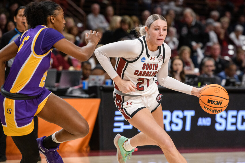 South Carolina forward Chloe Kitts (21) drives to the basket while being guarded by Tennessee Tech forward Taris Thornton (25) in the first half of the game at Colonial Life Arena, in Columbia on March 21, 2025.