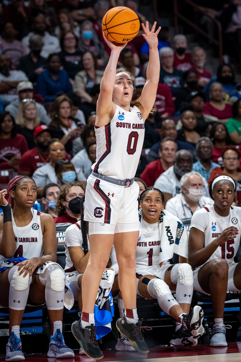 University of South Carolina guard Olivia Thompson, a graduate of Lexington High School, pulls up for one of her two, three-pointers in the NCAA Tournament first-round game against Howard University at Colonial Life Arena.