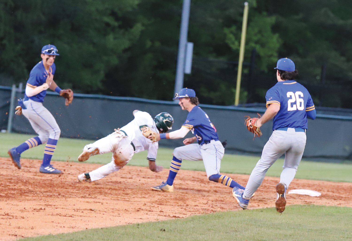Lexington second baseman Gabe Herold with the tag out of Dutch Fork's Paul Taylor in the fifth inning.