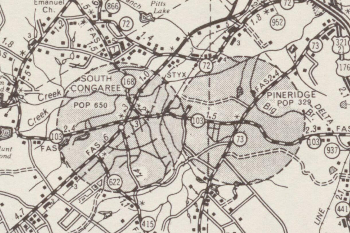 A 1958 map showing South Congaree and Pine Ridge