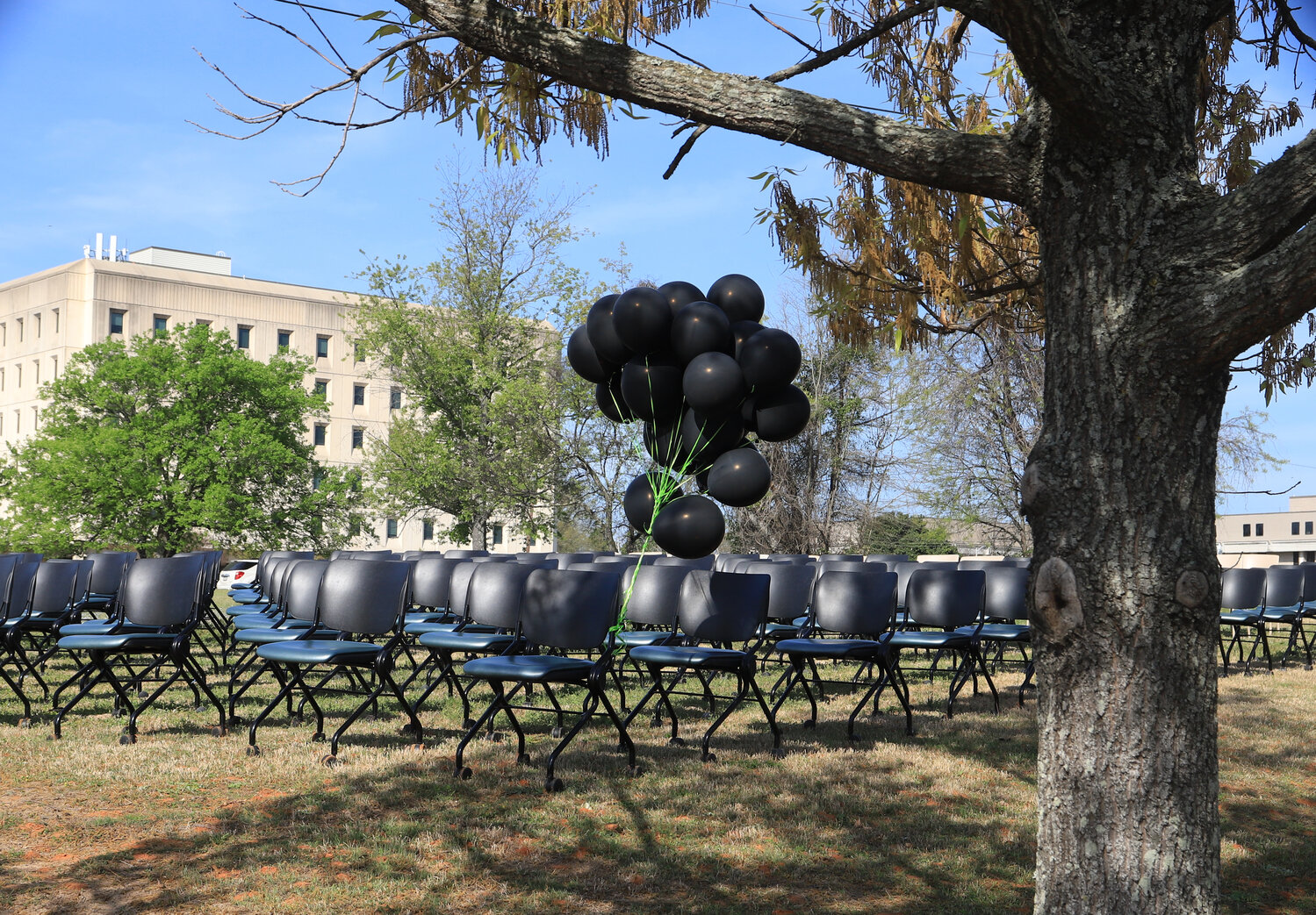 Chairs represent the 219 people lost to overdose in Lexington and Richland counties in 2022 at LRADAC’s March Black Balloon Day ceremony.