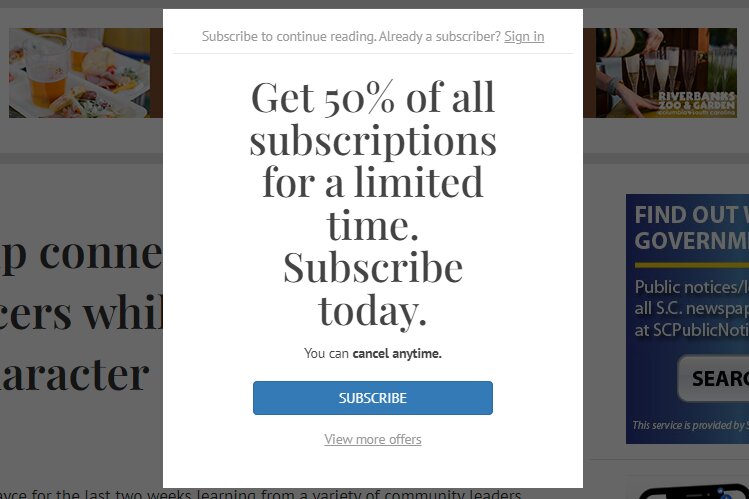 The subscription offer that appears on the Chronicle website when you exhaust your number of free reads each month.