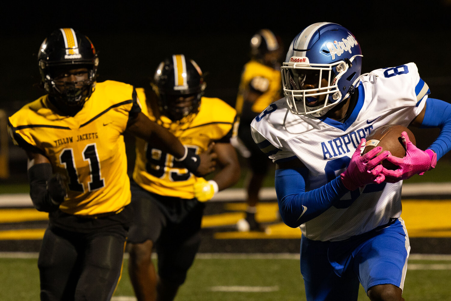 Airport wide receiver Shiloh Perry runs the ball down the field during the first quarter of their 54-0 loss to Irmo.