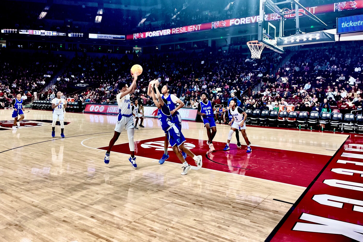 The Fulmer Middle School boys basketball team scrimmaged at halftime at Colonial Life Arena during the University of South Carolina men's team's Nov. 28 win over Notre Dame.