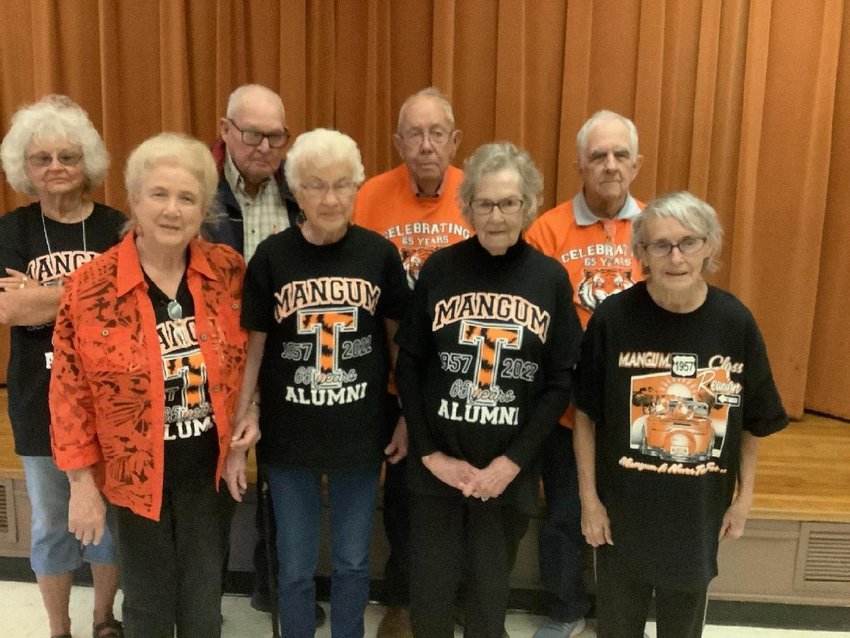 Mangum High Class of 1957 celebrating 65 years at the 2022 alumni weekend.  (back row left to right) Helen Johnston Allison, James David Raby, Bob Moss, Mernie Ray  (front row left to right) Joy Hall Grant, Doris Hogue Bogart, Melba Cooksey Combs, Verna Sue Smith White  (not pictured) Ruth Thompson McGone, Frances Miller Allen, Charlotte Pruitt Howard