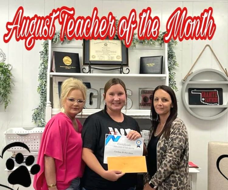 Congratulations to Chelsea Richardson, Granite Elementary School&rsquo;s 3rd grade teacher, for being nominated by her peers for our August Teacher of the Month!     Chelsea received a gift certificate from First National Bank (presented by Melanie Reeves), a lunch certificate to Granite Drug Co sponsored by Mrs. Missy Berry and Mrs. RaChel Crume, and the most priceless gift of all, a duty of her choosing to be covered by a member of the administration team!     Congratulations, Mrs. Richardson, we are continually blessed by your presence and dedication!!