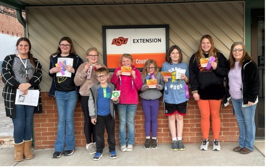 Cutline &ndash; (left to right)  Haley Robertson, Extension 4-H Educator, members Zoey Smith, Luci Travis, Asher Fricovsky, Kaylin Cooper, Audrey Cooper, Lakota Gonzales, Ashley Denton. Judge and Friend of 4-H, Shelly Mullens.