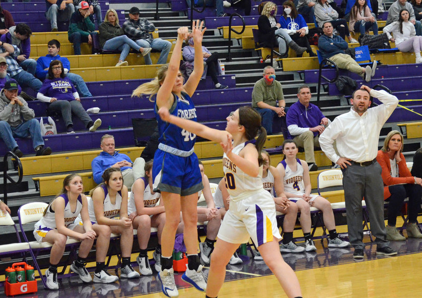 Forrest eighth-grader Kinslee Inlow (40) drains one of her four 3-pointers in the Lady Rockets&rsquo; huge 45-42 win at Unionville Tuesday night.