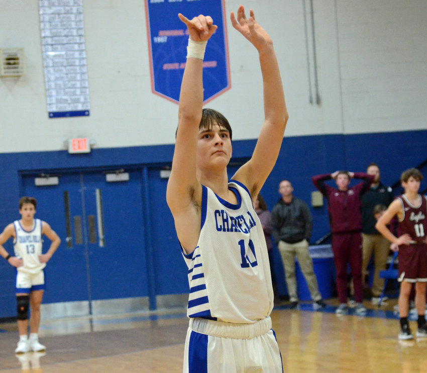 Forrest junior Josh Rumley drains the game-winning free throw with 0.3 seconds left Tuesday night at Chapel Hill as the Rockets beat longtime rival Eagleville 49-48.