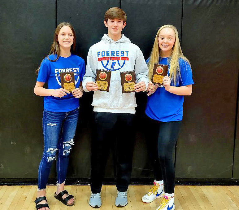 From left are Forrest Middle School&rsquo;s Sadie Smith, Eli Bell, and Josie Brown who were all named to the Duck River Valley All-Regular Season Conference and All-Conference Tournament Team.