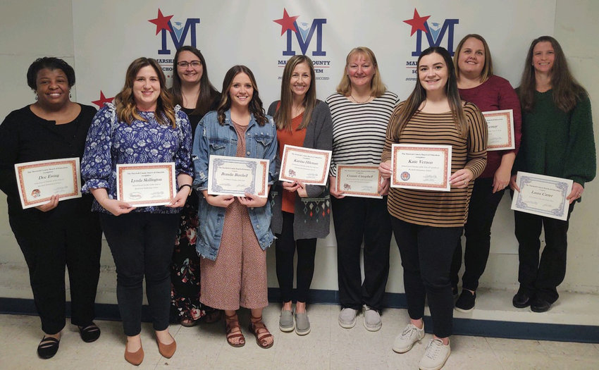 Marshall County School System&rsquo;s 2022 Teachers of the Year are, from left, Deshawn Ewing, Lynda Skillington, Tiffany Kidder, Brandie Burchell, Katrina Hileman, Connie Campbell, Katie Vernon, Karen Lemay, and Lauren Carter. Not pictured, Amanda Chilton, Keely St. Holmes, Jill Davis, Martha Jane McMasters, Lane Worley, Carey Truesdale, and Vanessa Sweeney.