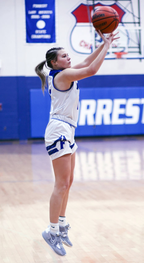 Kinslee Inlow shoots the three for the Lady Rockets. She ended the night with nine points.&nbsp;